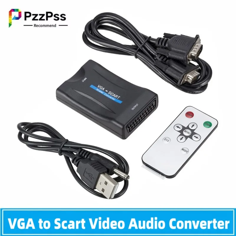 VGA to Scart Video Audio Converter Adapter with VGA Cable USB Cable Remote Control for NTSC PAL SECAM Standard TV Formats Input