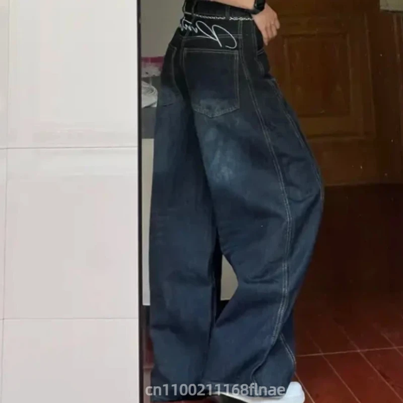 Amerikaanse veelzijdige retro gewassen noodlijdende silhouet gebogen jeans voor dames, los en afslankend, wijde pijpen, casual hangende broek
