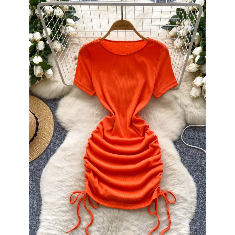 Vrouwen 2025 chique zomer trekkoord bodycon mini korte jurk casual party geplooide schede ruches stretch nachtclub t-shirt jurk
