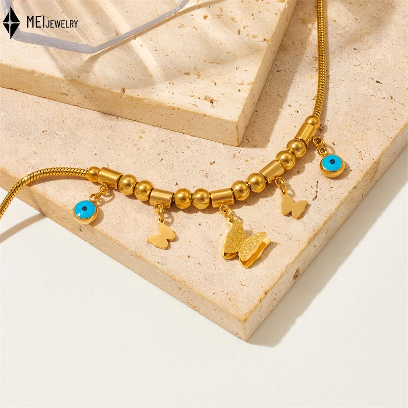 Fashion Versatile Retro Geometric Interval Bead Stainless Steel Butterfly Blue Eye Pendant Jewelry Bracelet Women