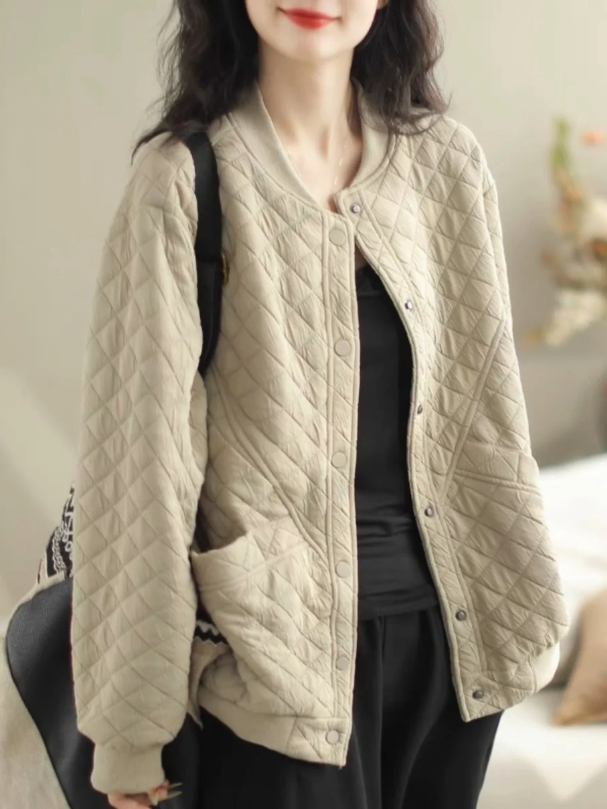 

Lightweight Cotton Jaet Women's Vintage Loose Quilted Stand Collar Baseball Sle Coat Pure Color Commute Pattern Button Cl...