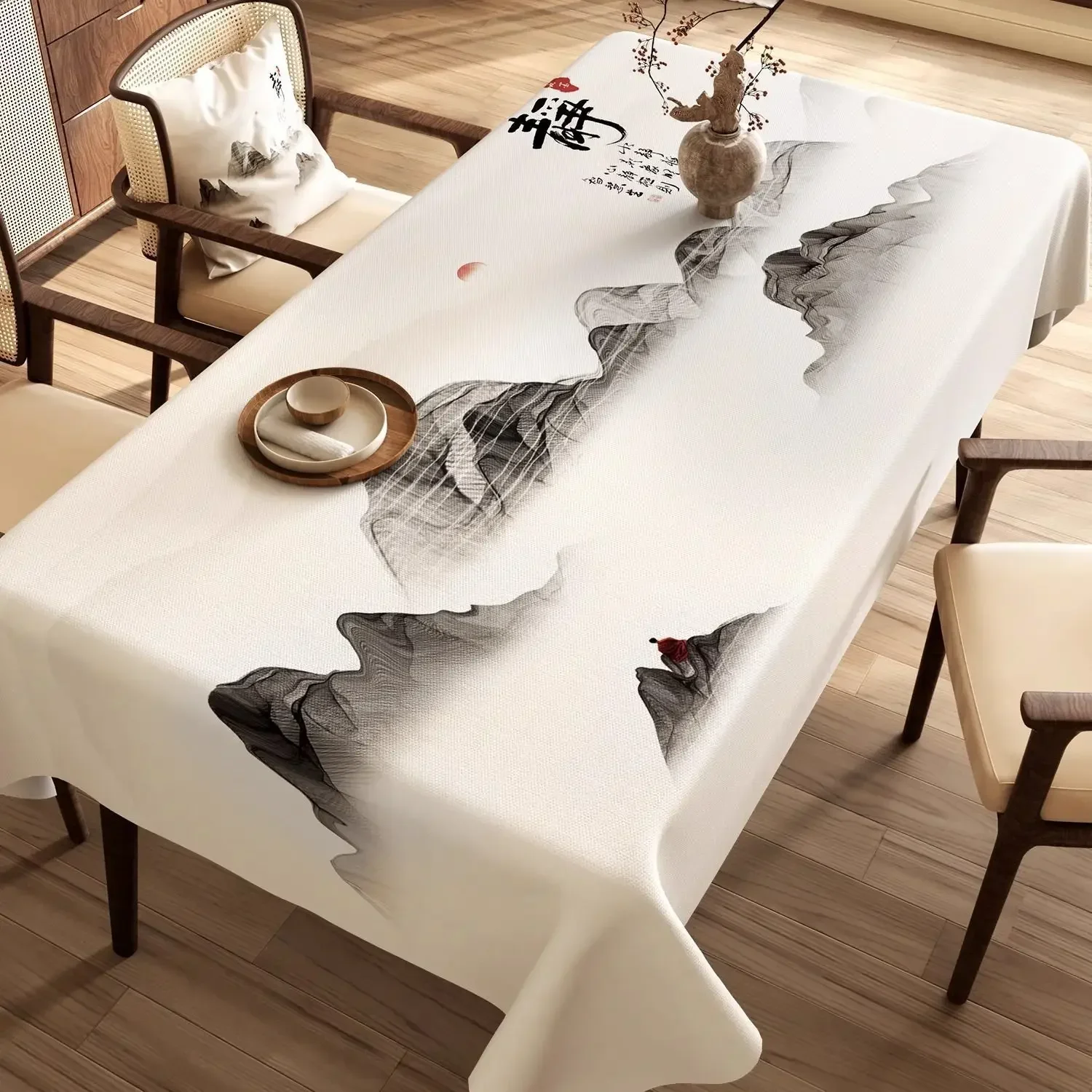 Chinese Landscape Printed Table Cloth High End Chinese Style  Tea Table Cover Cloth Flower Landscape Lint Dustproof Table Mat