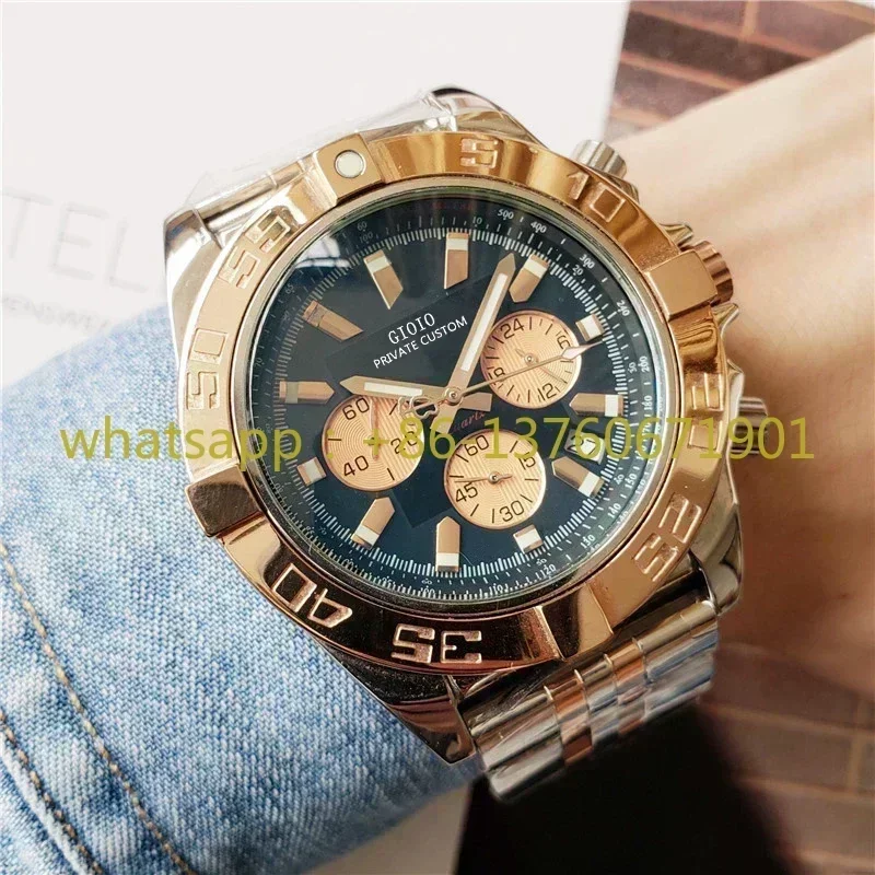 Luxury New Mens Quartz Chronograph Watch Stainless Steel Bracelet Rose Gold Black Blue Leather Sport Sapphire Glass