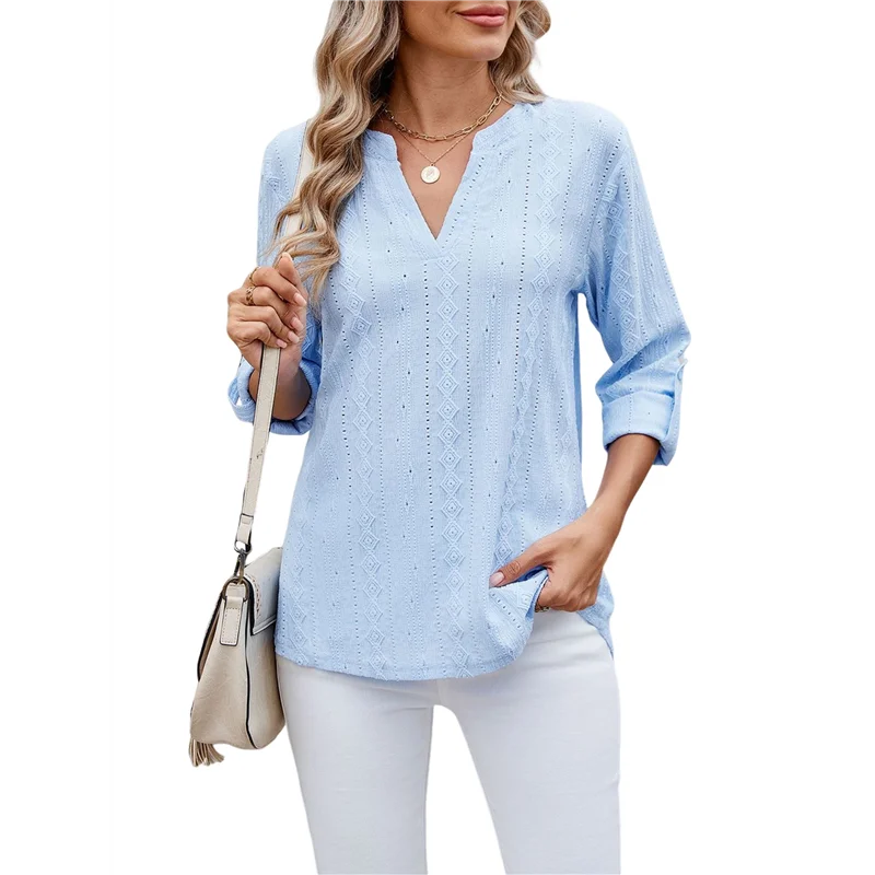 【SEE】여성용 V 넥 캐주얼 할로우 아웃 아일렛 자수 블라우스 셔츠 비치 커버 탑 Dressy