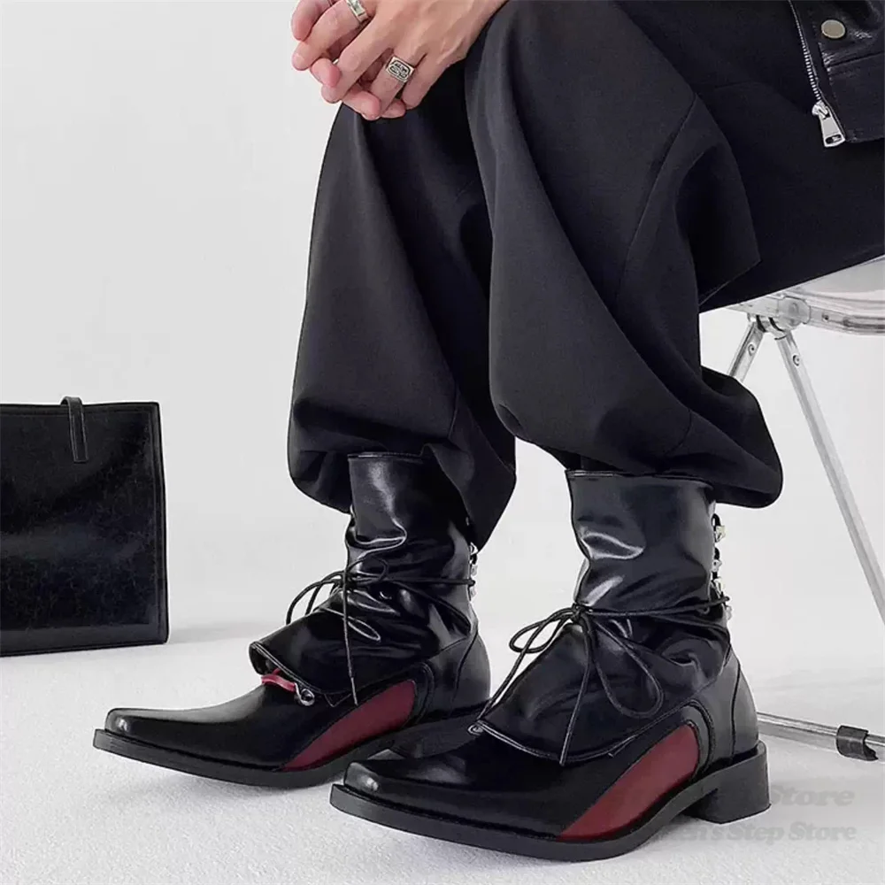

Detachable Upper Design Derby Shoes Dark Retro Style Unisex Square Toe Patchwork Lace Up Leather Shoes Men Chunky Heel Boot