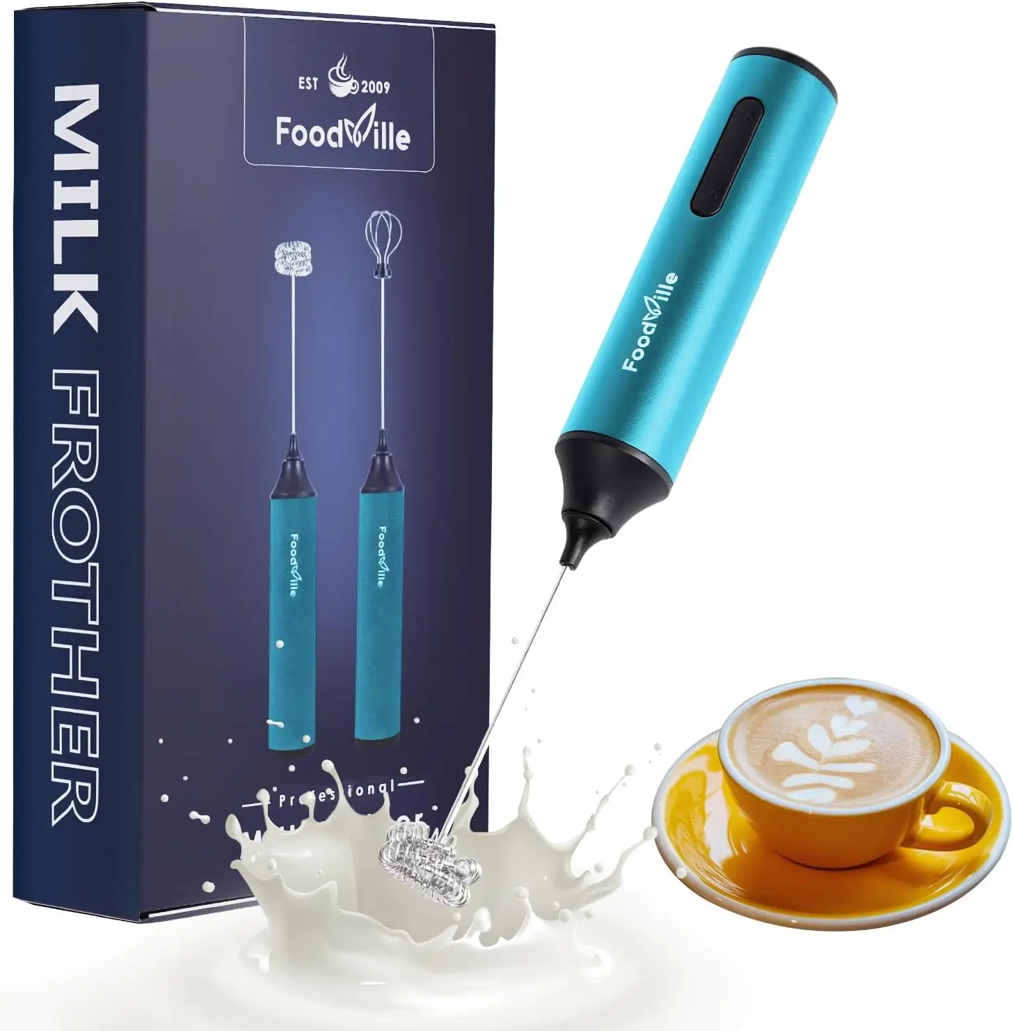

Rechargeable Milk Frother USB-C Handheld Foamer with 2 Speeds, Stainless Whisk for Coffee, Latte, Matcha (Azure Blue)