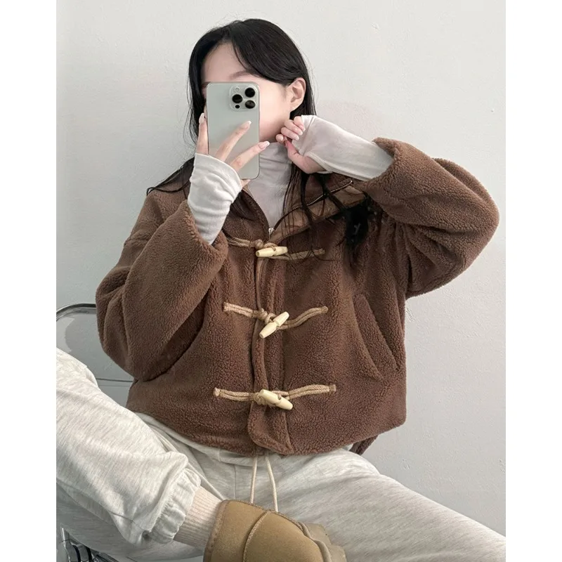 

Warm Lamb Fur Collar Cotton Inserted Button up Coat for Women Korean Sle Spring Autumn Winter Outerwear Campus Street Sle