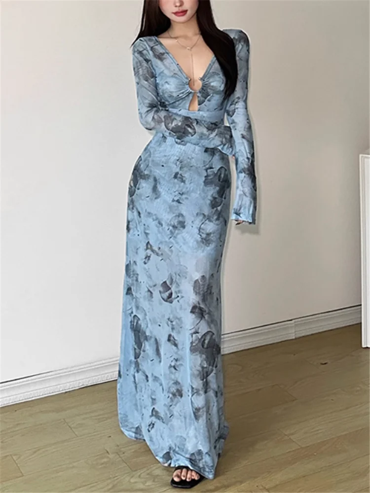 Sexy Black Deep V Neck Mesh Long Evening Party Dress 2025 Fall Winter Fashion Long Sleeve Hollow Out Sheer A Line Dress Vestidos