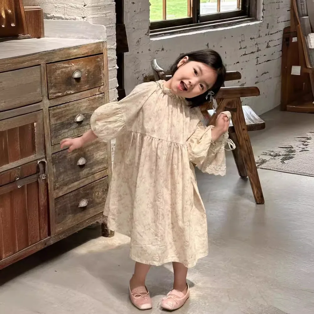 Girls Dress Korea Style 2024 Summer New Floral Print Puffy Sleeve Lace Loose Palace Beautiful Baby Fashion Kids Summer Clothes