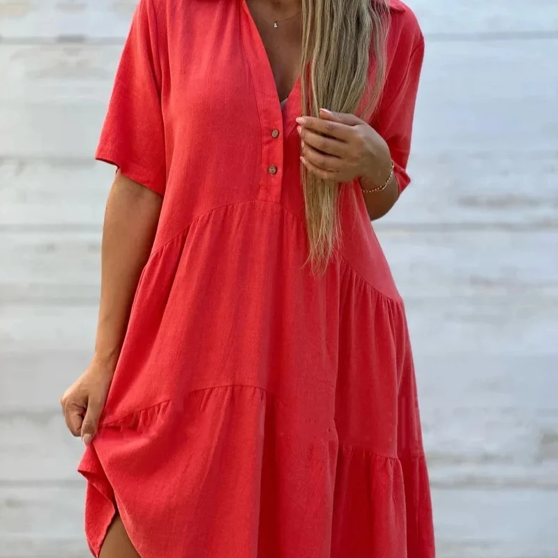 Mulheres verão sólido rosa vermelho mini vestido com decote em v manga curta botão babados lapela algodão casual solto praia vestidos curtos