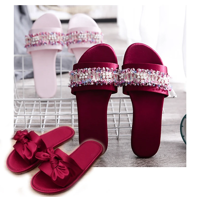 Spring/Summer Korean Edition Silk Indoor Home Slippers Women's Summer Anti slip Wedding Slippers