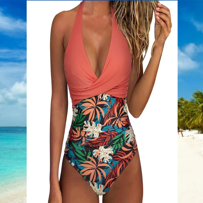 

2025 цельный купальник с принтом, женский сексуальный плиссированный купальный костюм с глубоким V-образным вырезом, боди с леопардовым принтом, комплект бикини, летняя мода, купальник