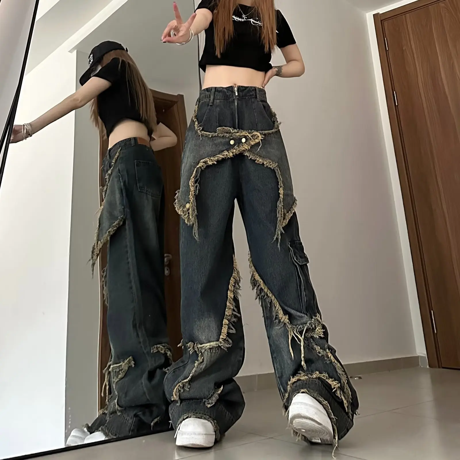 Y2K jeans high street Korean Streetwear Oversize Star Aesthetic Straight Trousers Wide Leg Jeans Grunge Denim Pants Women Clothe