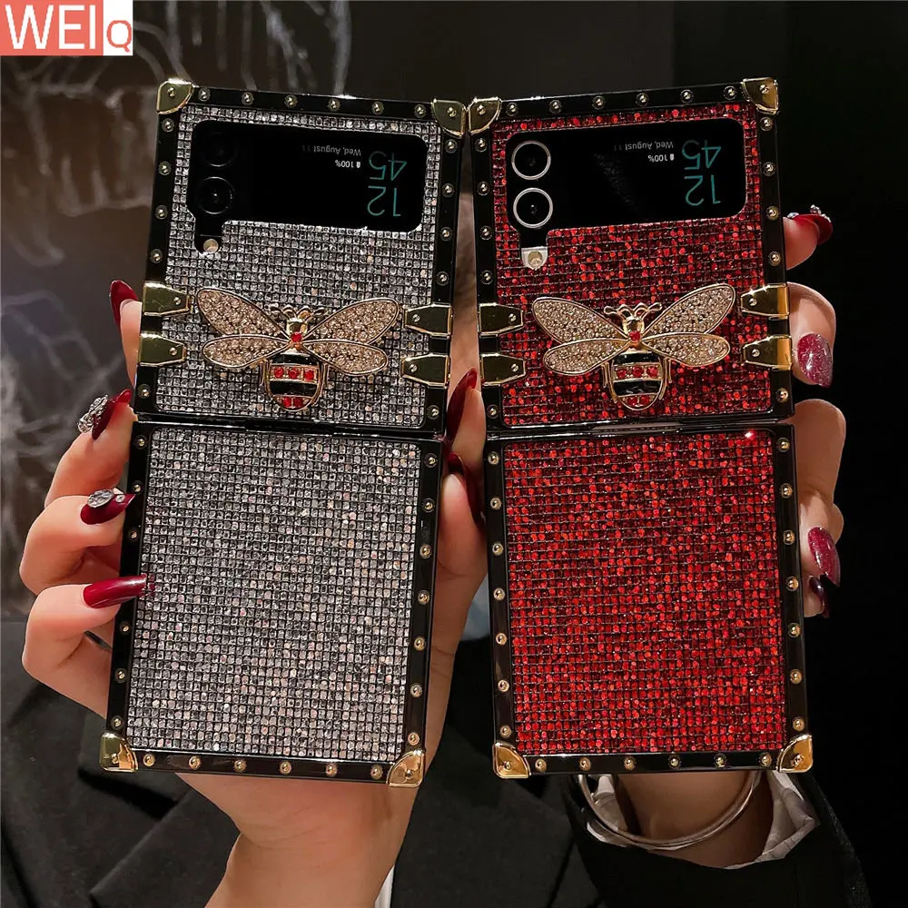 Fashion 3D Diamond Bee Bling Glitter Plated Square Phone Case For Samsung Galaxy Z Flip 4 Z Flip 3 Shockproof Cover Fundas