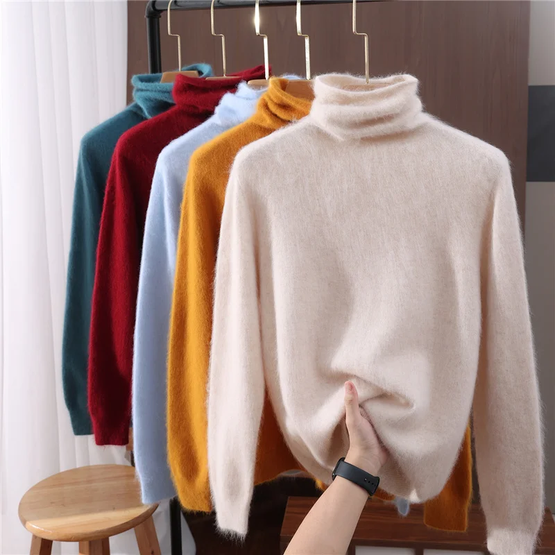 Fall/Winter Mink Cashmere Sweater Women Pile Collar Pullover Joker Top Long Sleeve Solid Cashmere Knit Bottoming Shirt