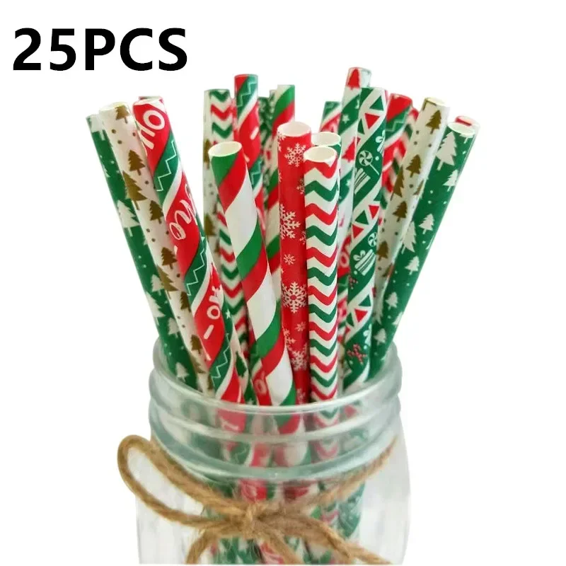 25 Pcs Christmas Series Disposable Paper Kraft Paper Quality Tube Creative Wedding Props Party Festival Banquet Paper Straw