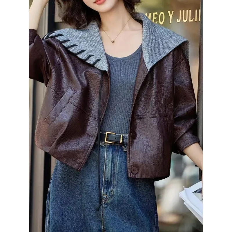 Onecozyday 2025 سترة جلدية نسائية أنيقة مقصوصة بياقة مدببة وأكمام طويلة معطف غير رسمي فضفاض ملابس خارجية