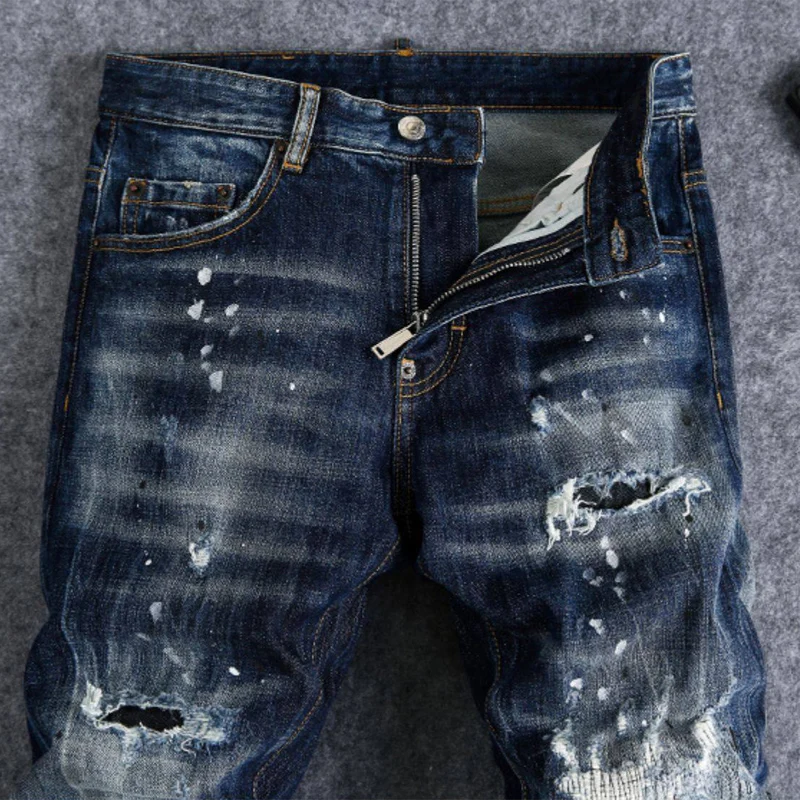 

Fashionable men's slim fit ripped patch washed blue jeans fashion designer hip-hop brand pants y2k