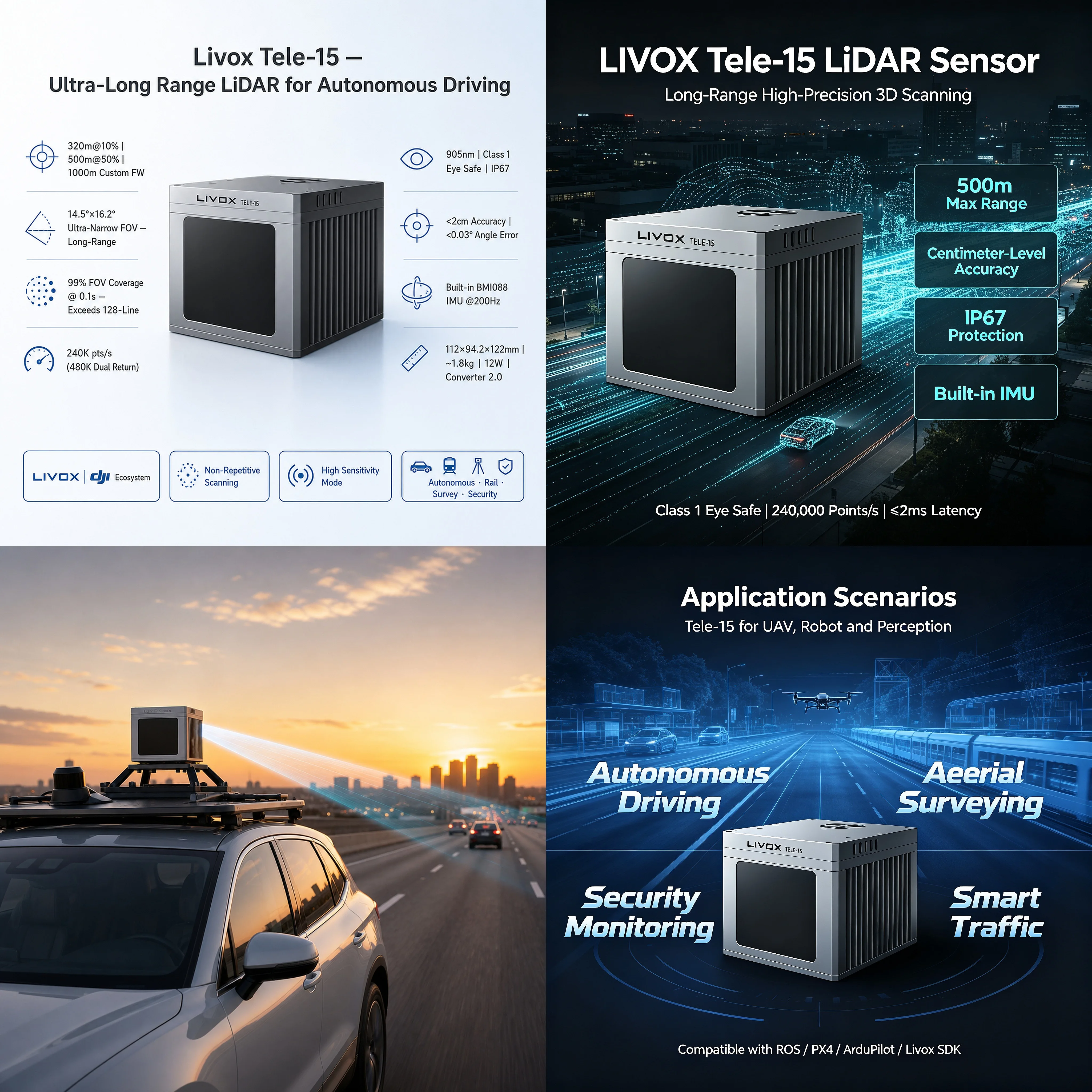 Livoxs Tele-15 LiDAR Sensor Multi-Laser DL Pack Technology-500m Long Range High Precision IP67 Dual Return BMI088 IMU Autonomous