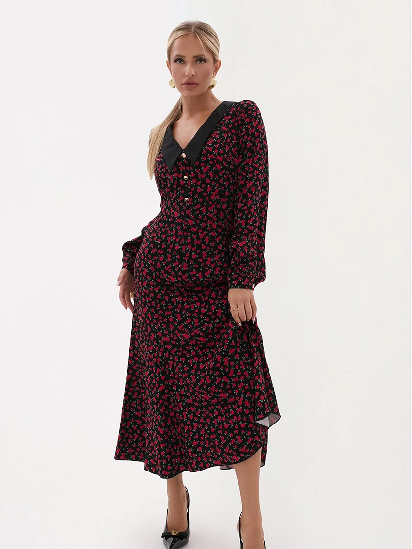 

Marthaqiqi Printing Women'S Nightgowns Long Sleeve Sleepwear Turn-Down Collar Pajamas Ankle-Length Dress Winter Ladies Nightwear