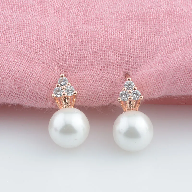 FJ Women 585 Rose Gold Color 10mm Simulated Pearl Crystal Drop Jewelry Earrings