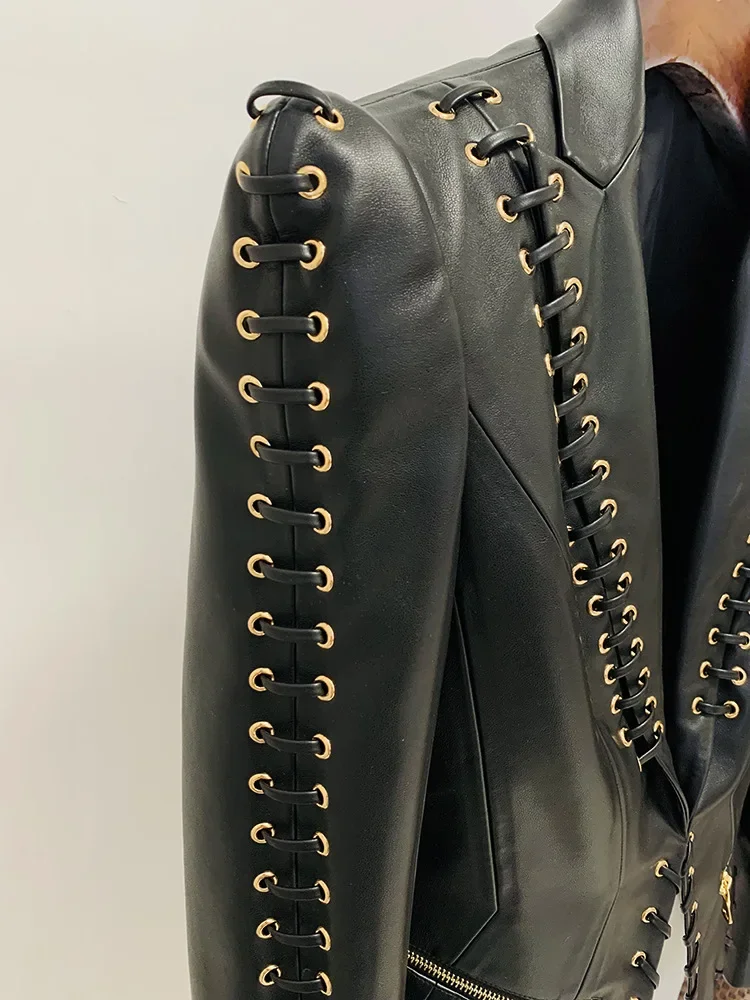 HIGH QUALITY 2024 New Designer Artificial Leather Black Jacket Women\'s Rope Lacing Up Slim Fitting Leather Blazer Outfit Women