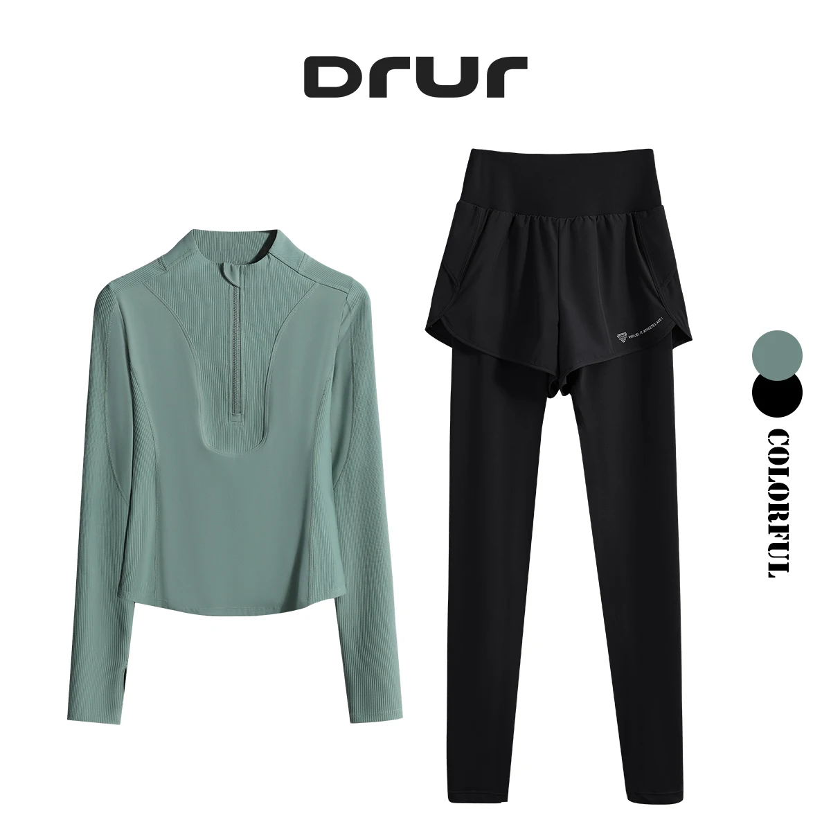 

DRUR 2 шт. Спортивный комплект в рубчик для тренировок для женщин Спортивная рубашка 2 в 1 Леггинсы для йоги Комплекты одежды для фитнеса и спортзала Костюм для бега