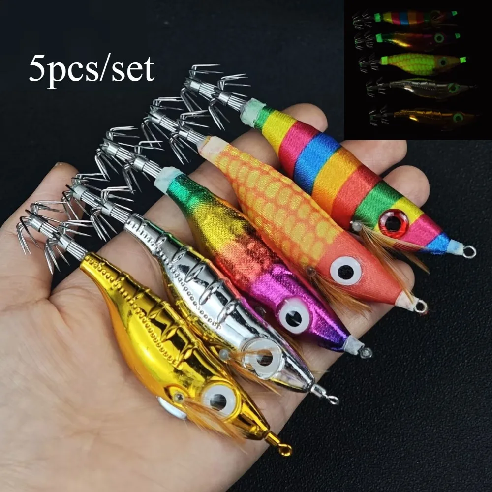 5pcs/set 10cm Glow Horizontal Squid Jig Hook Shrimp Fishing Lure Saltwater Squid Jig Bait Octopus Egi Hooks Fishing Accessories