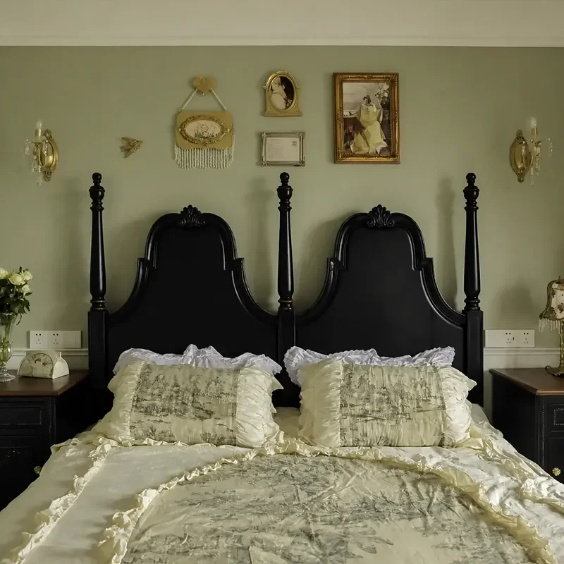 American Solid Wood Retro Carved Bed Neoclassical High Back Double Bed 1.8m Wedding Bedroom Furniture with Paris Style