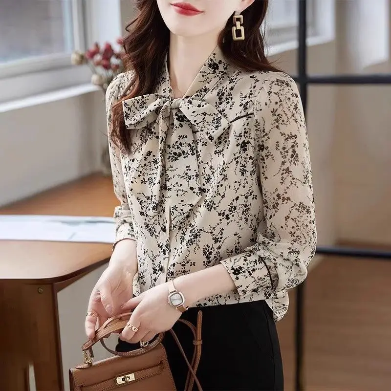 Women Long Sleeve Floral Blouse French Vintage Bow Neck Elegant Spring Autumn Chic Retro Ladies Office Top 2026 New