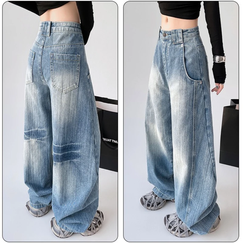 

Denim Wide Leg Pants Women Jeans Floor Length High Waist Distressed Washed Vintage Pockets Streetwear Female Straight Trousers