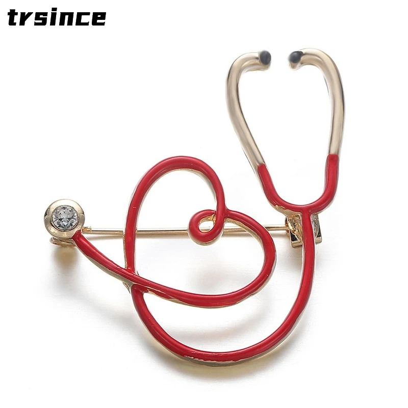 New Medical Medicine Brooch Pins Red Zircon Stethoscope Heart Shaped Pin for Doctor Nurse Backpack Lapel Badge Jewelry Gift