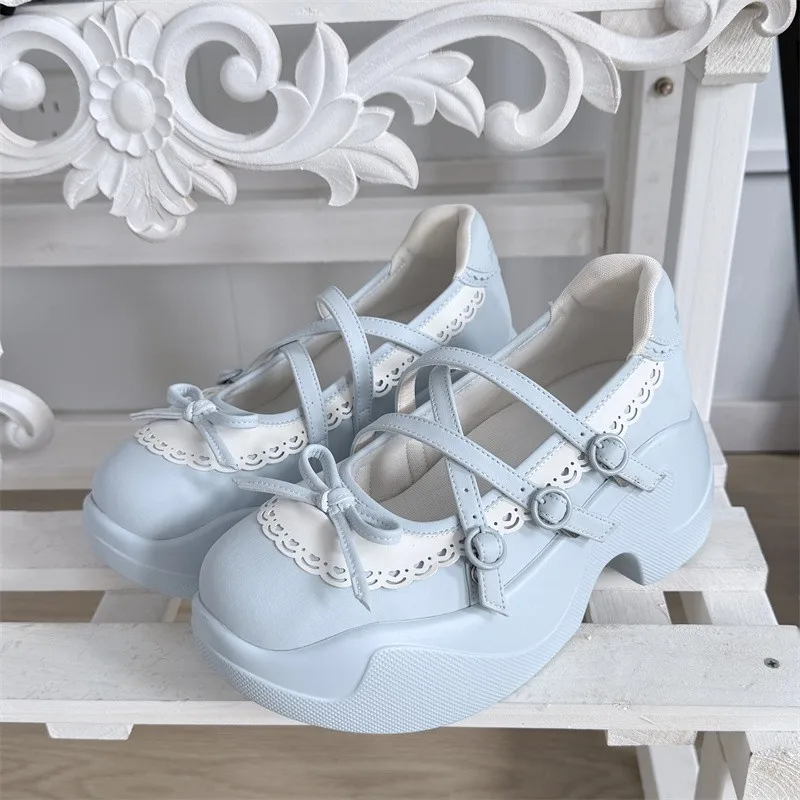 Japanese Original Lolita Sweet  Platform Sneakers Cute Bow Lace Strap Casual Shoes Spring Autumn Daily Versatile Commuter Shoes