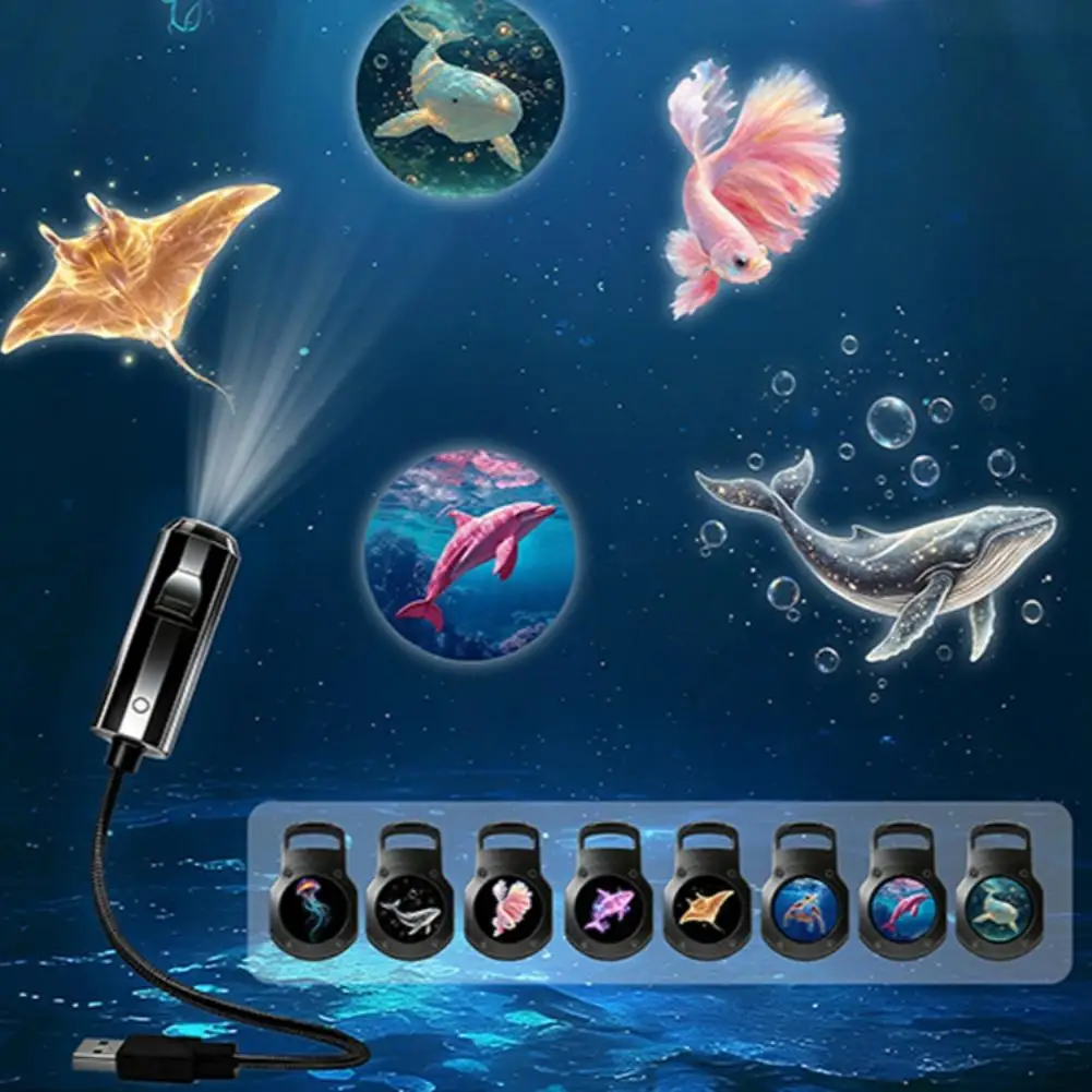 LED USB Projector Light 6/8pcs Projection Patterns-Adjustable Whale Butterfly Star Night Light Christmas Halloween Decoration