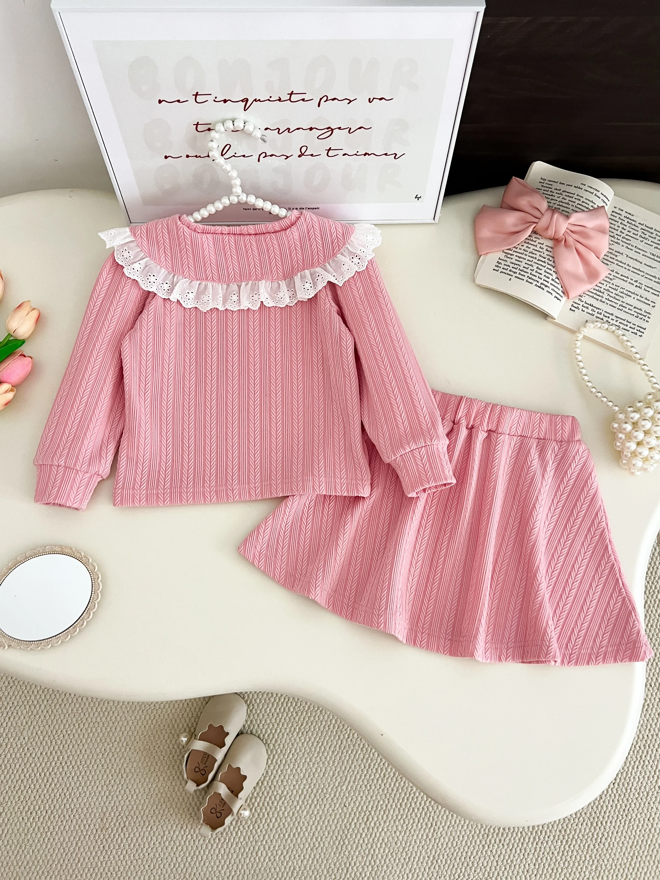 الفكاهة الدب الأطفال ربيع الخريف موضة جديدة الزي كم طويل بلوزات + تنورة قصيرة 2 قطعة مجموعة 3-7 سنوات الفتيات ملابس كاجوال #2