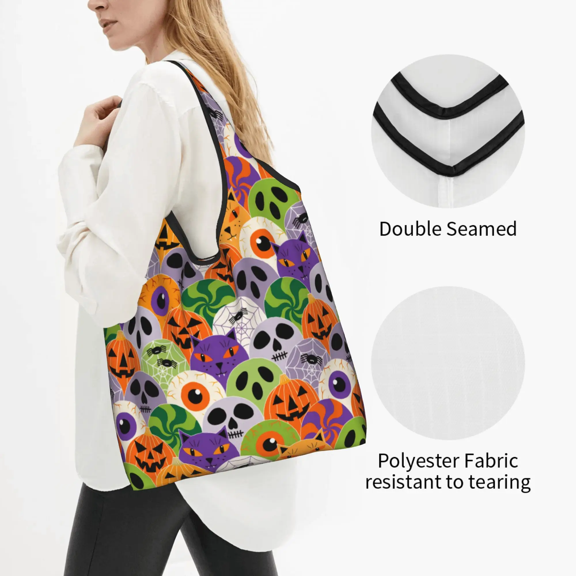 Kawaii Pumpkin Halloween in Bright Classic  Shopping Tote Bags Portable  Grocery Shopper Shoulder Bag