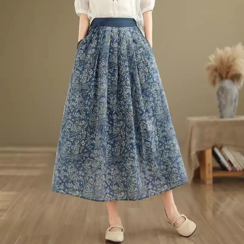 Linen Skirt Floral Women's Spring/Summer 2024 New Retro Printed Spring Summer Cotton And Linen Skirt Elastic Waist Saia Z4790