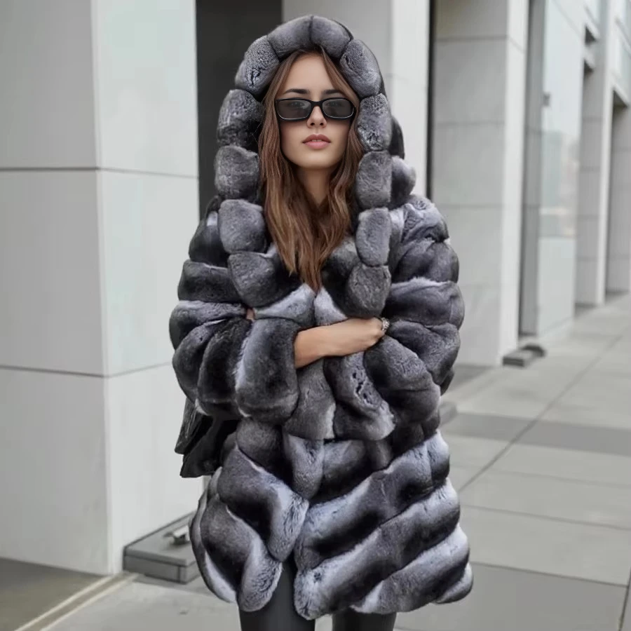 女性用フード付き本物のレックスウサギの毛皮のコート,チンチラの毛皮,高級ブランド,冬