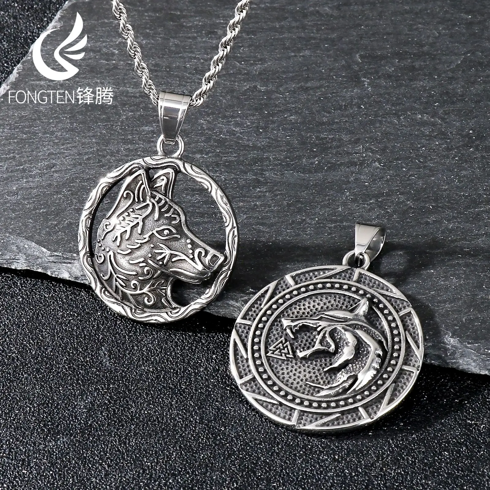 Fongten Cool Zodiac Signs Wolf Head Pendant Stainless Steel Necklace Quality Romanticism Fashion Jewelry Graduation Gifts