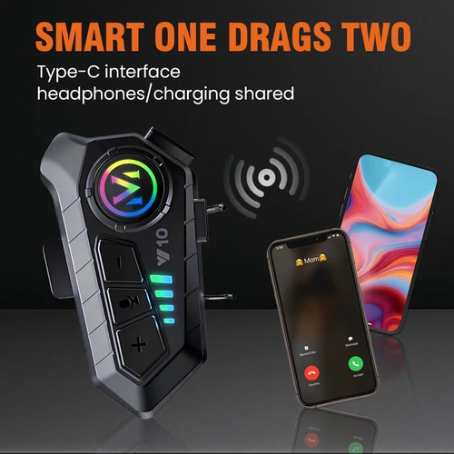 Imagen 2 del producto 1/2 Uds V10 intercomunicador para motocicleta casco Bluetooth 5,3 para 2 conductores intercomunicador 300M interfono impermeable para motocicleta