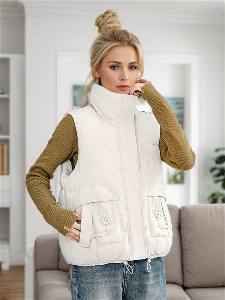 Down Cotton Women's Vest Jacket Short Winter New Stylish Solid Color Stand Collar Casual Insulated Sleeveless Vest Outerwear