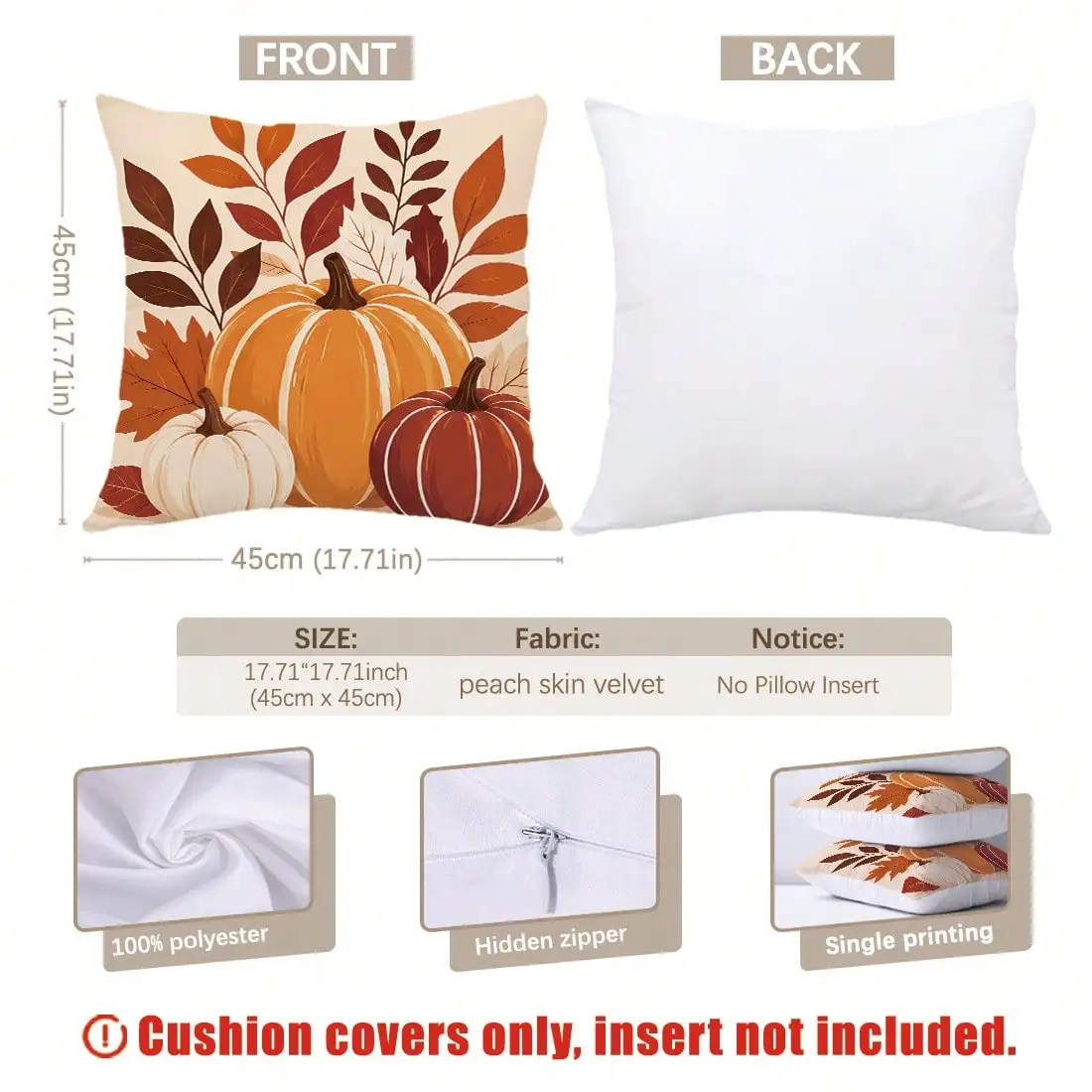 4pcs Autumn Vintage Dark Brown Three-Color Pumpkin Maple Leaf Berry Print Pattern Pillow Covers [Pillow Insert Not Included], 40*40cm/45*45cm/50*50cm, [Single-Sided Printing] Made Of Polyester Material Hello Pumpkin Hello Fall Warm Home