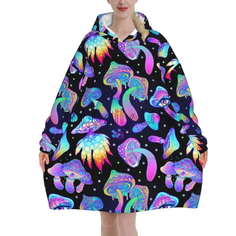 Purple Mushroom Wearable Blanket Hoodie Colorful Star Plant Oversized Sweatshirts Warm Cozy Microfiber Fleece Sherpa Blanket