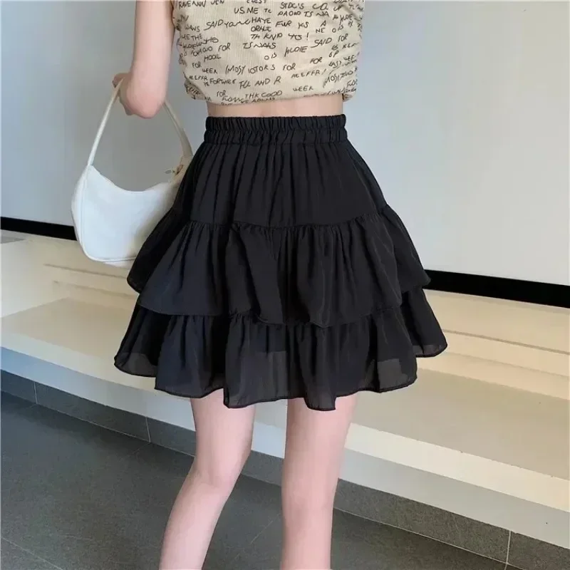 Ruffled Cake Skirts for Women High-waisted A-line Solid All-match Sweet Lovely Girls Korean Style Gentle Spring Kawaii Casual