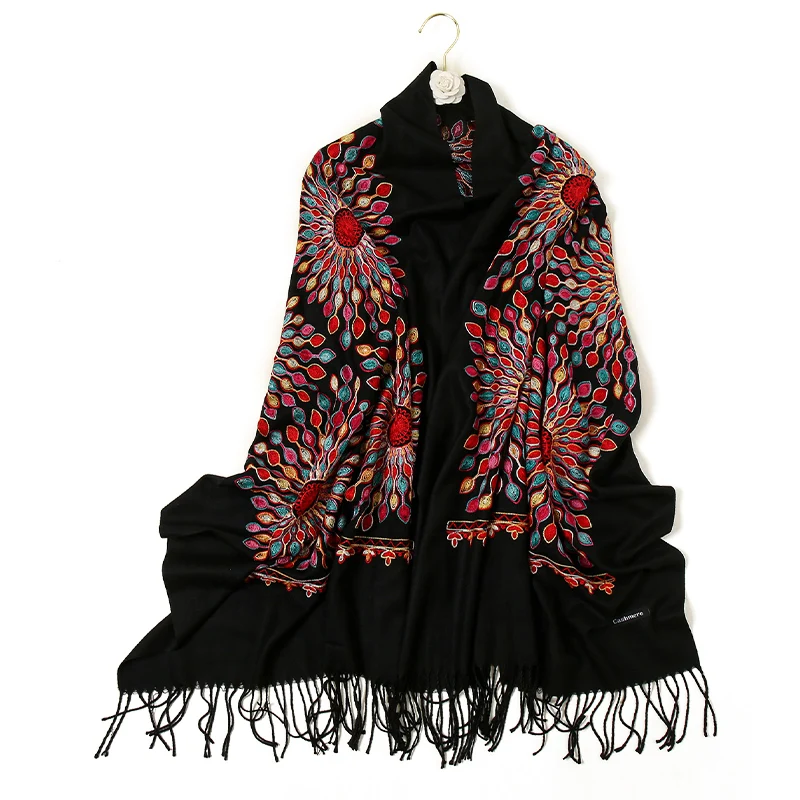 Winter Imitation Cashmere Shawl Thickened Tassel Scarf Floral Embroidery Pashmina For Women Warm Wraps Elegant Scarves 200*70cm