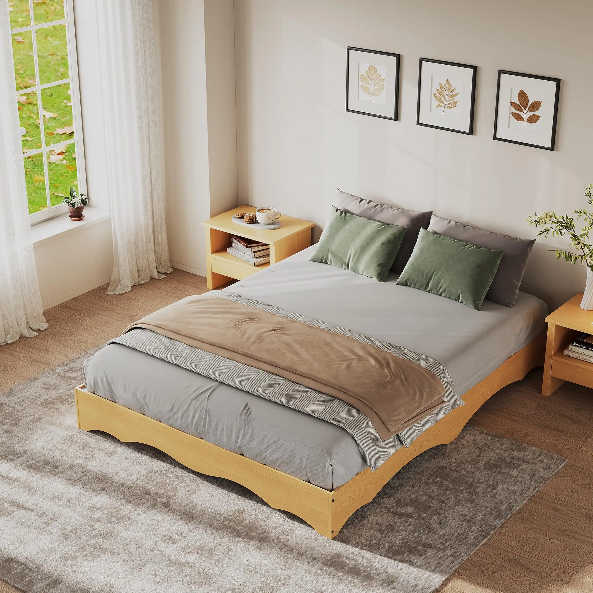 Wave Edge Wood Platform Bed Frame Twin/Twin XL/Full/Queen/King/California King, No Headboard, Slats, No Box Spring
