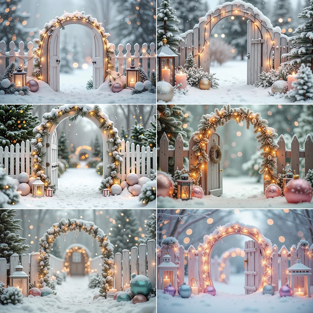 MOON.QG 2025 Christmas Background Photography Snow Winter Pink Tree Wood Fence Arch Backdrop Children's Studio Photo Accessories