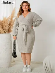 Plus Size Knitted V-Neck Autumn Winter Midi Dress Women Bodycon Fashion Bow Ladies Dresses Long Sleeve Woman Sweater Dress 2023