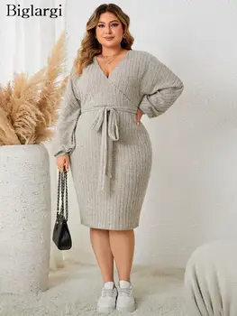 Grande taille tricoté col en v automne hiver robe mi-longue femmes moulante mode nœud dames robes à manches longues femme robe pull 2023