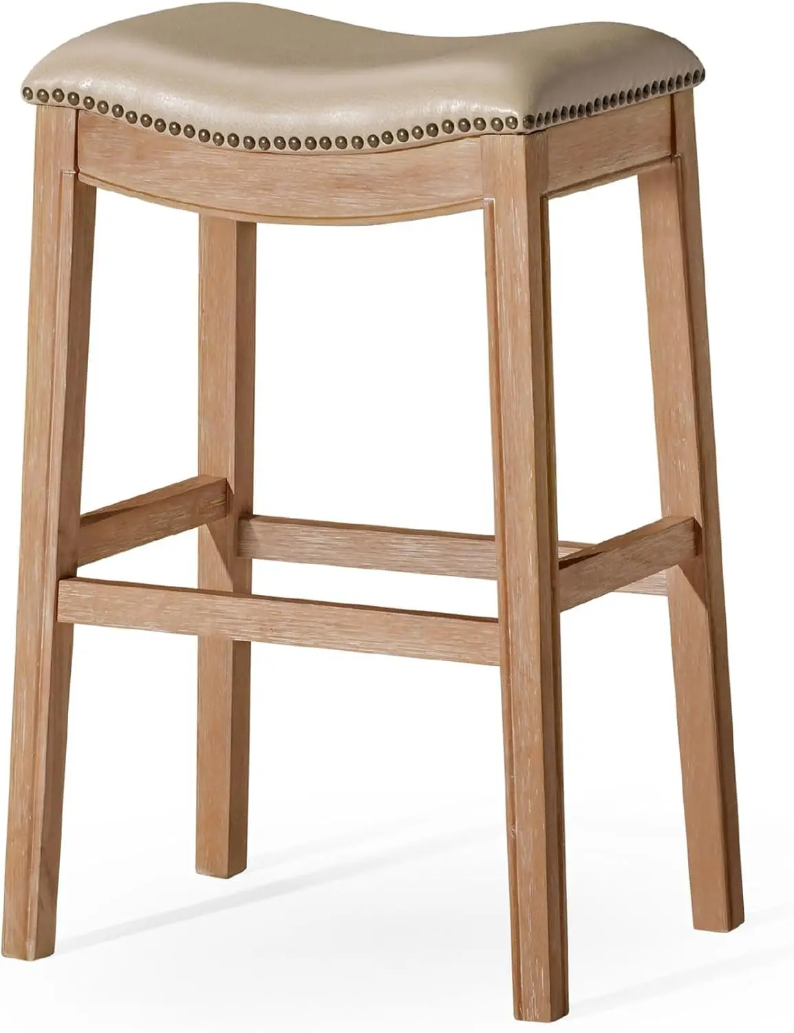 Adrien Backless Bar Stool – 31 Inch Saddle Seat with Footrest – Brown Solid Wood Frame & Beige Faux Leather Upholstery – I